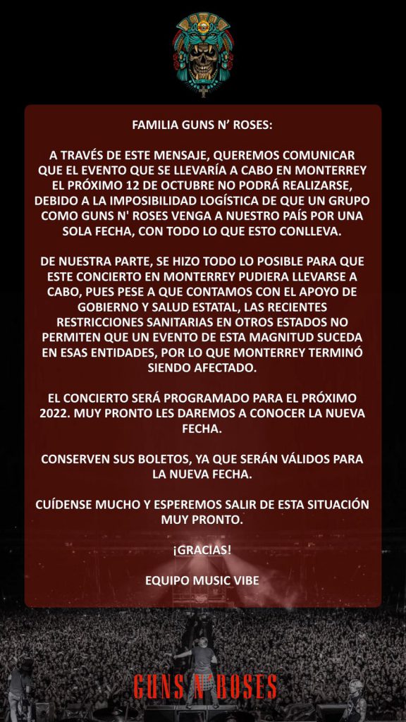 Guns and Roses postergará su concierto en Monterrey