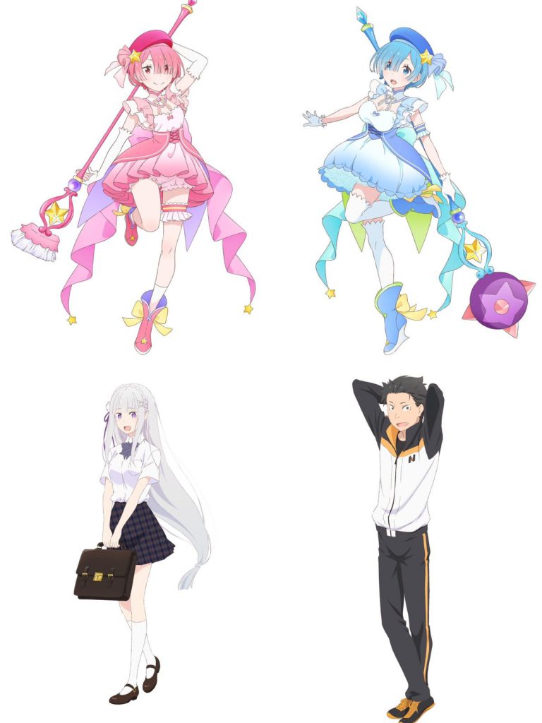 Ilustraciones de los diseños de los nuevos personajes Remu, Ramu, Emiria y Natsuki del nuevo anime Re: Zero. 